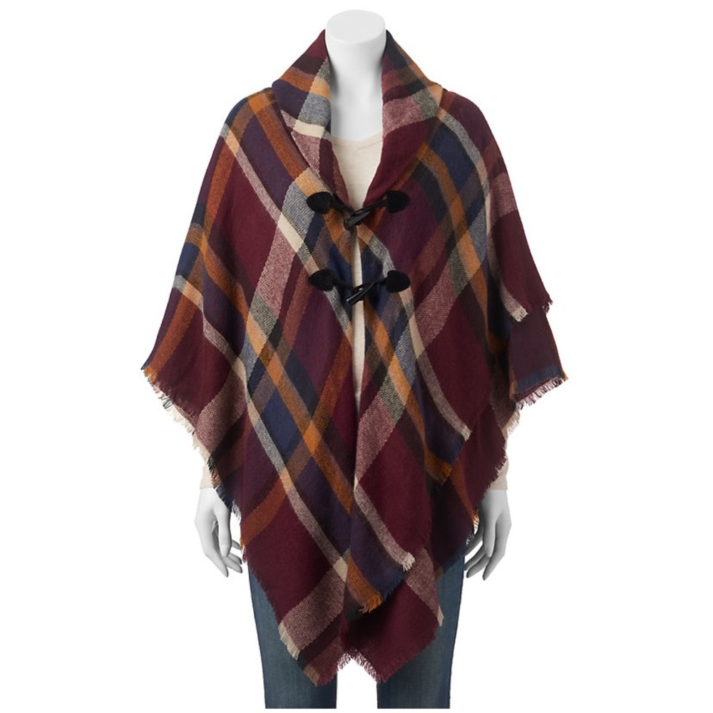NWT Apt 9 Burgundy Plaid Toggle Capelet Poncho Cape